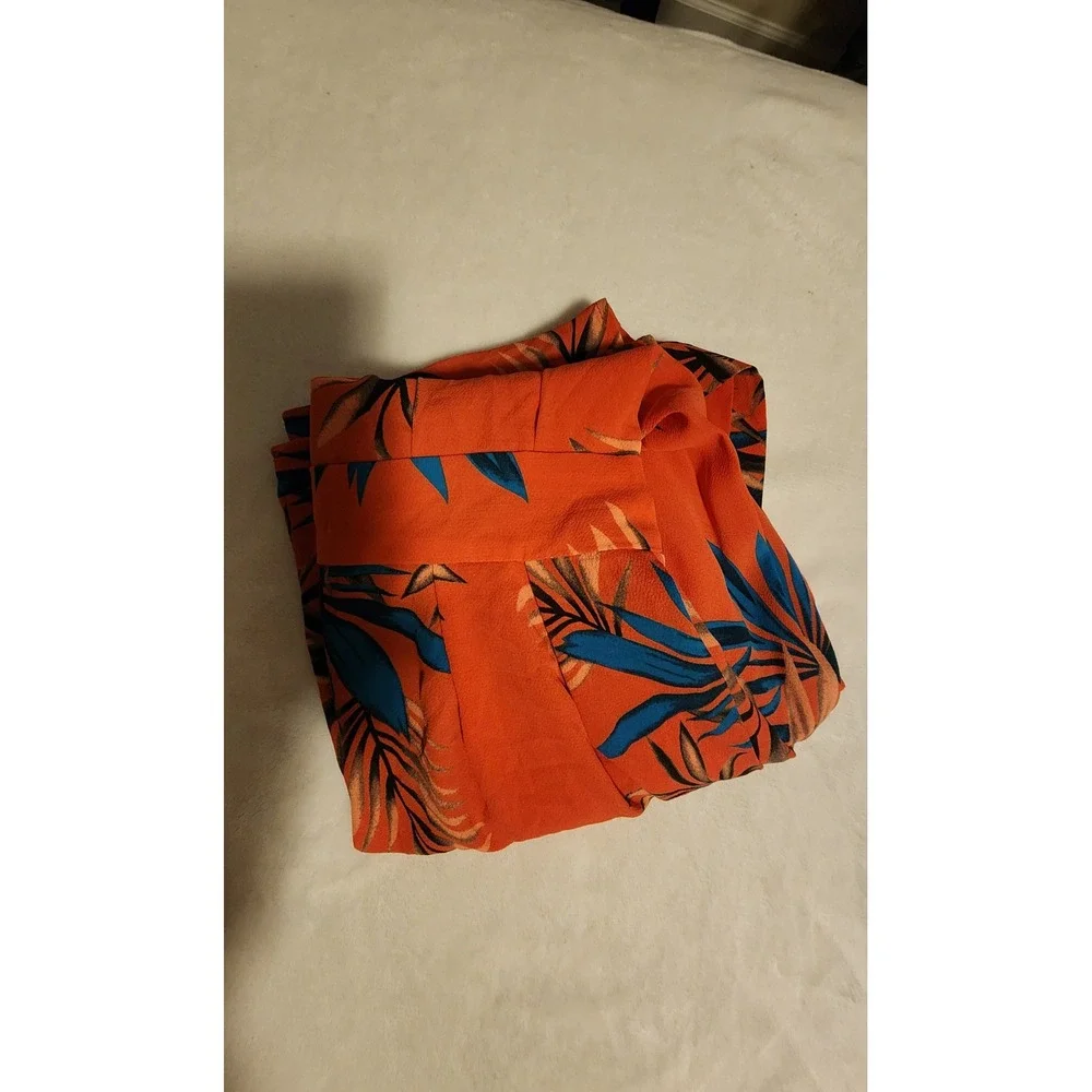 Tropical Palm Print V-Neck Romper Orange Tie Open Back‎ Size L Resort Vacation